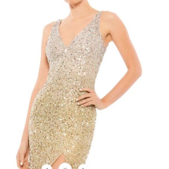 MAC DUGGAL 1068 OMBRE SEQUIN HIGH SLIT SHIMMERING GOLD GOWN sz 8 - Picture 5 of 5